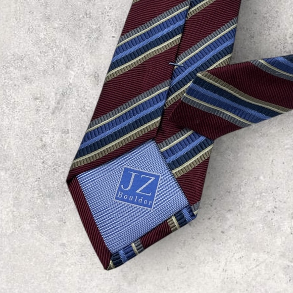 J Z RICHARDS XL Burgundy/Blue Striped Silk LUXURY Tie USA - Picture 4 of 5